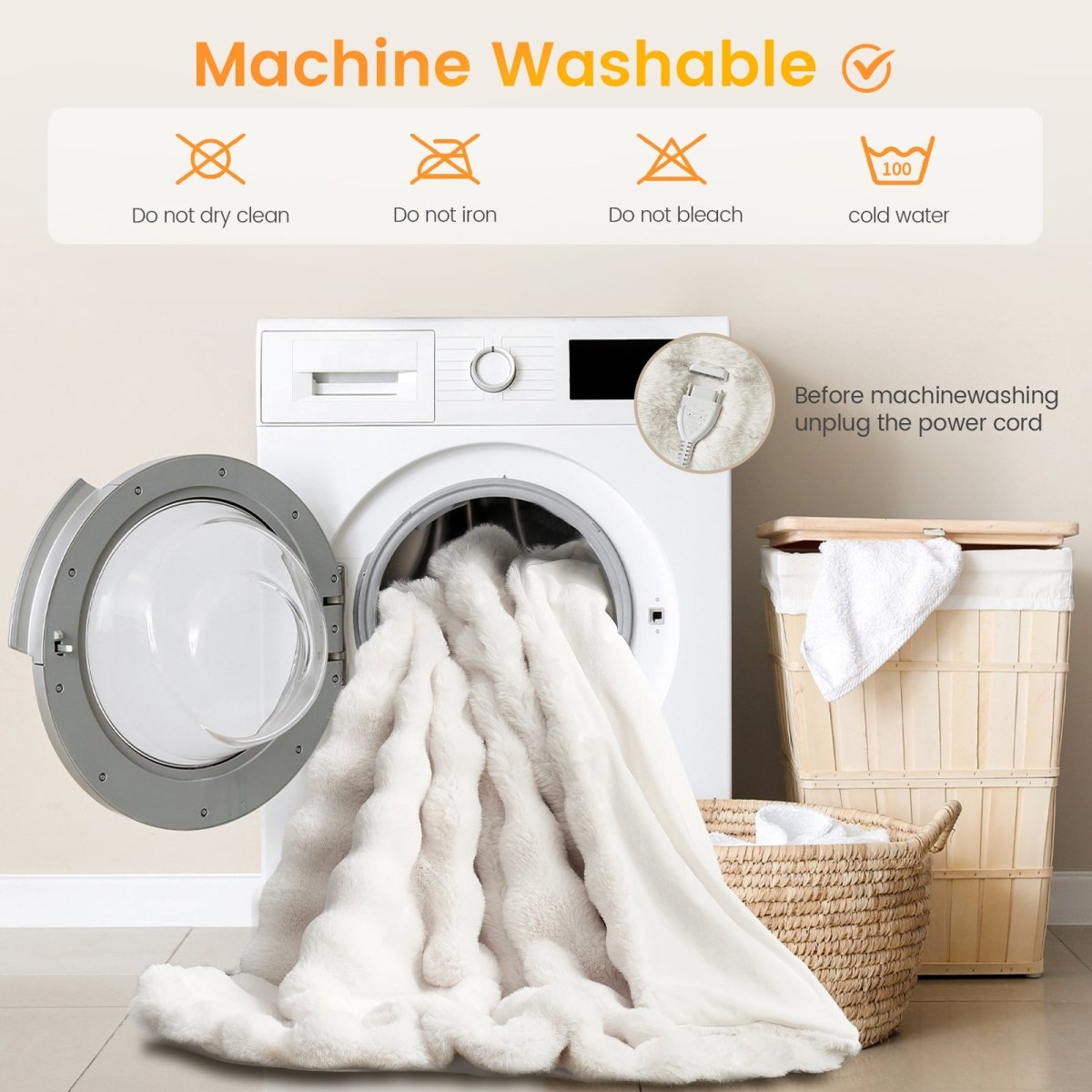 Cozy bliss bubble faux fur heated electric blanket is machine washable.  #color_Cream White